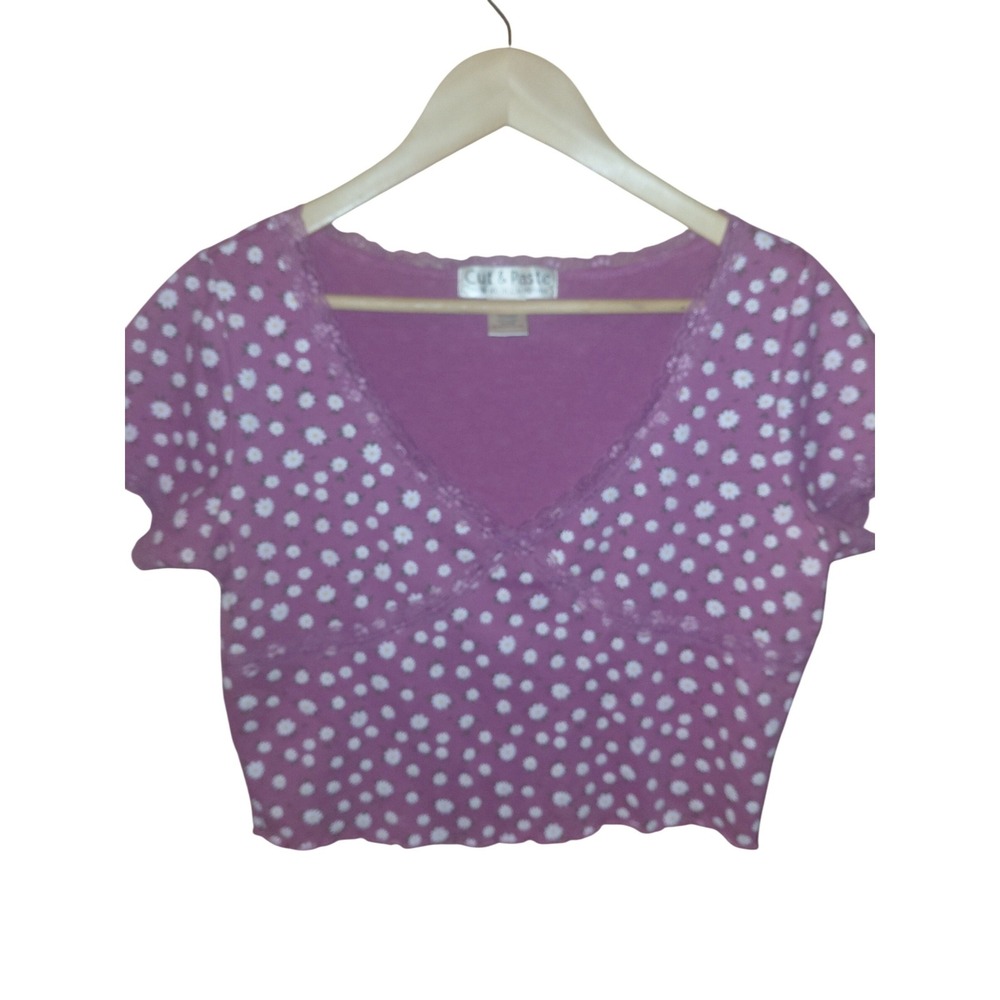 Cut & Paste Womens Magenta Purple Daisy Floral Lace Trim V-Neck Crop Top Large